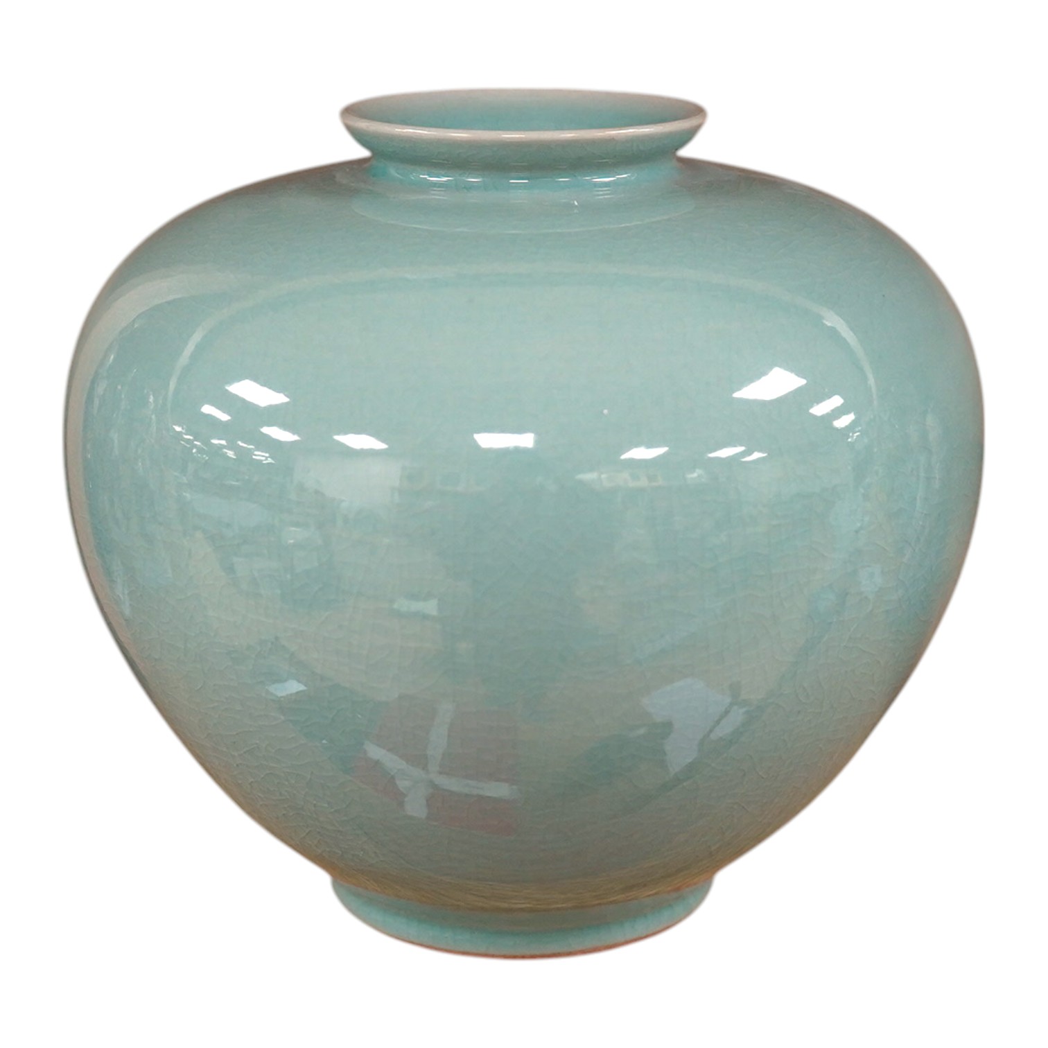 A 20th century Korean celadon crackle glaze vase, base reads ‘With compliment of Chung Ju Yung Chairman of the Hyundai Business Group’, 18.5cm. Condition - good